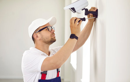 Male worker installing a security camera inside a modern house or office. Young man in glasses and white company uniform cap uses a screwdriver to set up a new CCTV surveillance camera on the wallの写真素材