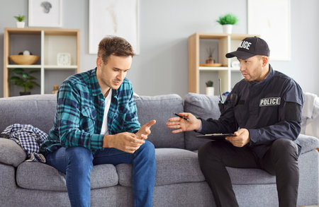 Portrait of police man officer talking to witnesses making interview sitting with young man robbery...