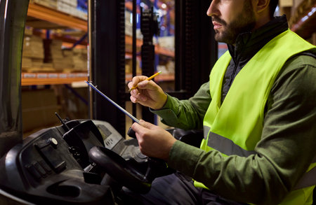 Forklift operator checks clipboard for warehouse inventory. Close view of a warehouse worker...