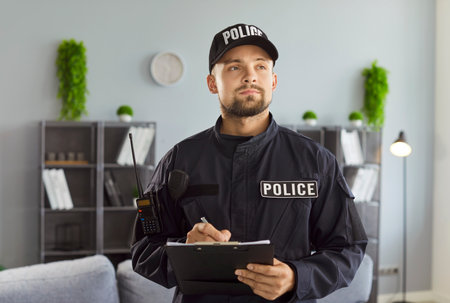 Police officer writing report, investigation of crime or accident, complaint of family violence by cop. Serious policeman standing in interior of office or home apartment. Law enforcement conceptの写真素材