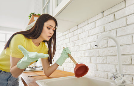 Unhappy, helpless woman wearing rubber gloves holding plunger stands in kitchen beside clogged sink with concerned, dissatisfied expression. Need plumber services, home plumbing problems conceptの写真素材