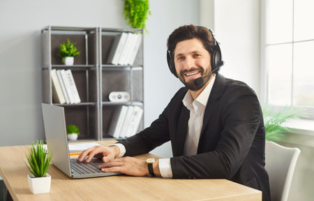 Remote work of call center operator, customer support, helpdesk agent or businessman with headset in...