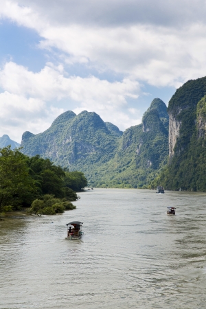 Beautiful Yu Long river Karst mountain landscape in Yangshuo の写真素材