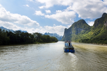 Beautiful Yu Long river Karst mountain landscape in Yangshuo の写真素材