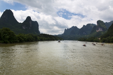 Beautiful Yu Long river Karst mountain landscape in Yangshuo の写真素材