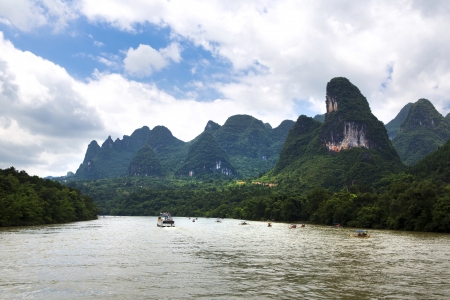 Beautiful Yu Long river Karst mountain landscape in Yangshuo の写真素材