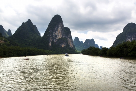 Beautiful Yu Long river Karst mountain landscape in Yangshuo の写真素材