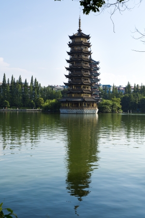 Beautiful view of the twin pagodas in Guilin, Chinaの写真素材