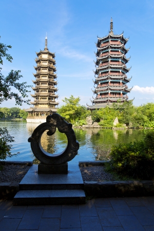Beautiful view of the twin pagodas in Guilin, Chinaの写真素材