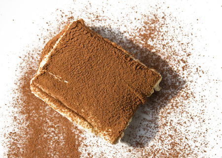 Portion of  tiramisu dessert served on a white plate の写真素材