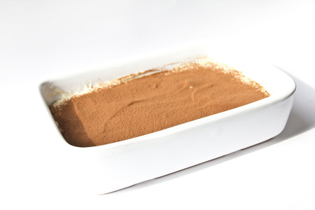 Portion of  tiramisu dessert served on a white plate の写真素材