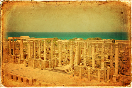 The Theater at the spectacular ruins of Leptis Magna near Al Khums, Libyaの写真素材