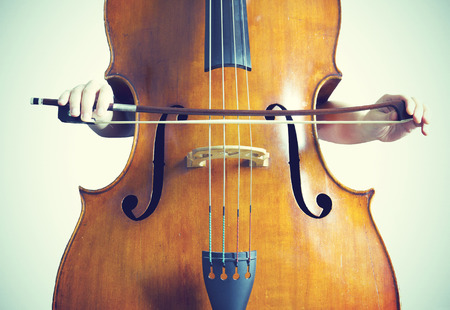 Close-up of double bass, wooden musical instrument that is played with a bowの写真素材