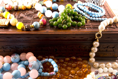 Closeup, necklaces with colored stones, jewelry, bijouteriaの写真素材