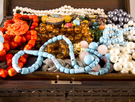Closeup, necklaces with colored stones, jewelry, bijouteriaの写真素材