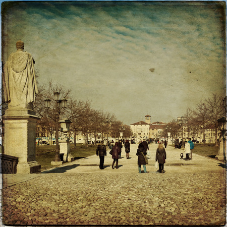 View of the canal with statues on Prato della Valle in Padova, Veneto, Italy. Texture retroのeditorial素材