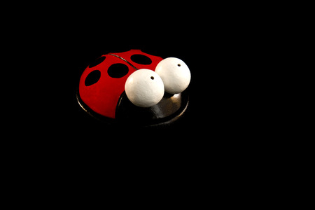 Close up of a lady bug toy on a black background の写真素材