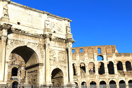 Arch of Constantine (Arco di Costantino), a triumphal arch in Rome, located between the Colosseum and the Palatine Hillの写真素材