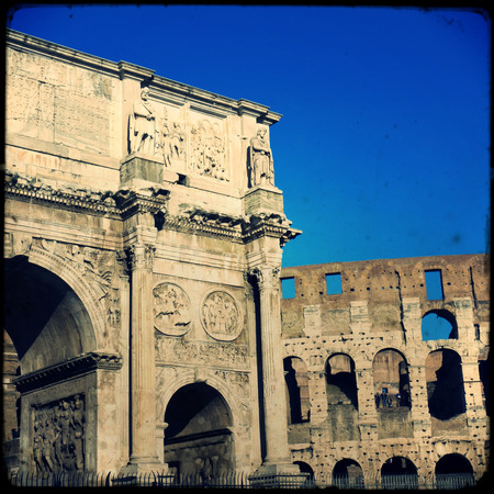 Arch of Constantine (Arco di Costantino), a triumphal arch in Rome, located between the Colosseum and the Palatine Hillの写真素材