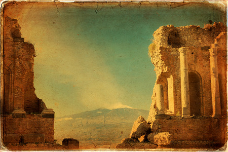 Ruins of the Greek Roman Theater, Taormina, Sicily, Italyの写真素材