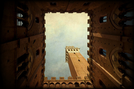 Campo Square with Mangia Tower, Siena, Italyの写真素材