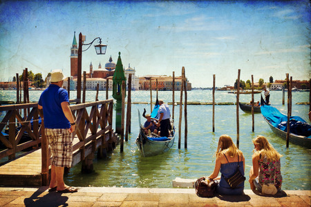 Venice with gondolas on Grand Canal against San Giorgio Maggiore churchのeditorial素材