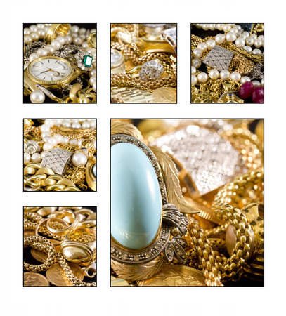 Close up. Collage of a beautiful gold jewelsの写真素材