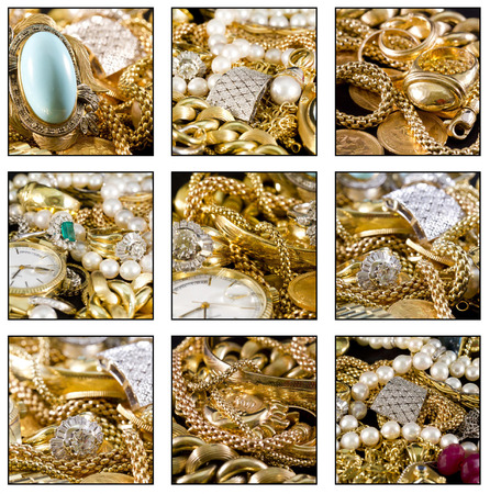 Close up. Collage of a beautiful gold jewelsの写真素材