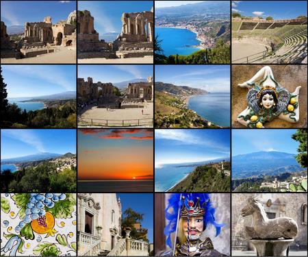 Collage. Beautiful landscapes and atmospheres of Taormina, Sicilyの写真素材