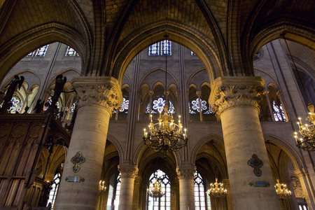 Interior view of Notre-Dame Cathedral, a historic Catholic cathedral considered to be one of the finest examples of French Gothic architecture in Paris, Franceのeditorial素材