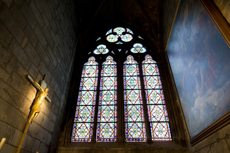 Interior view of Notre-Dame Cathedral, a historic Catholic cathedral considered to be one of the finest examples of French Gothic architecture in Paris, Franceのeditorial素材