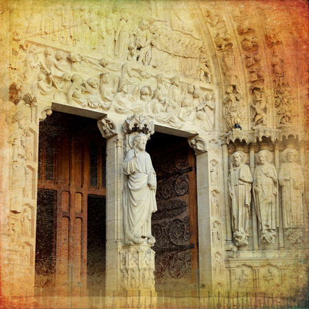 The Cathedral of Notre Dame de Paris in vintage style, Franceの写真素材