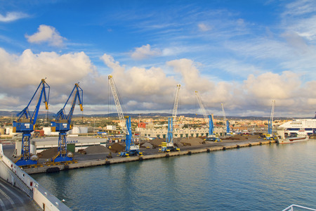 Civitavecchia, Italy - August 14, 2011: Port of Civitavecchia in Italy on August 14, 2011. View from the sea at the port of Civitavecchia in Italy, Europe.のeditorial素材