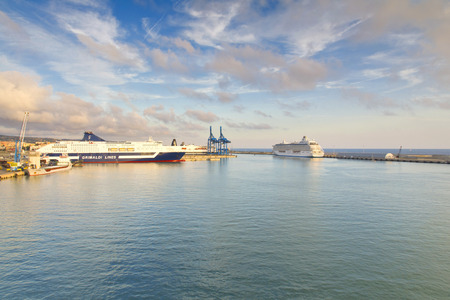 Civitavecchia, Italy - August 14, 2011: Port of Civitavecchia in Italy on August 14, 2011. View from the sea at the port of Civitavecchia in Italy, Europe.のeditorial素材