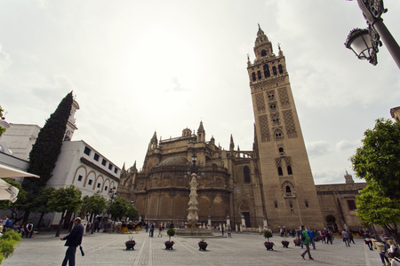 The Cathedral of Seville with the Giralda views from Piazza Virgen de los Reyes, Andalusia, Spainの写真素材