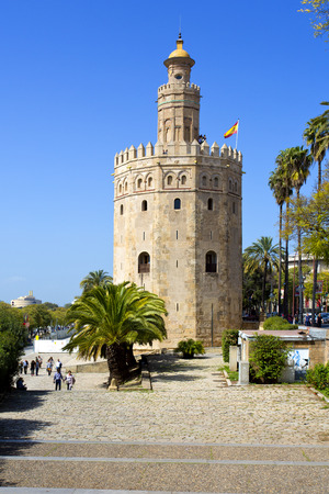 The famous Golden tower, Torre del Oro, along the Guadalquivir river, the Moorish tower built to defend Sevilla, Andalusia, Spain のeditorial素材