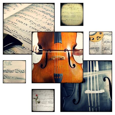 Collage of photographs depicting musical scores and instrumentsの写真素材