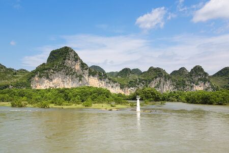Beautiful Yu Long river Karst mountain landscape in Yangshuoの写真素材