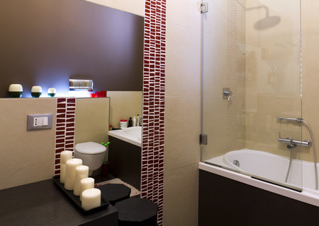 Closeup of modern bathroom, porcelain stoneware, brown and beigeのeditorial素材