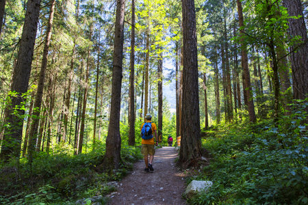 Tourist goes trekking on the Franciscan Way that leads to the Riva waterfallsのeditorial素材