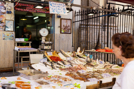 PALERMO, SICILY, June 27, 2019: Il Capo market in Palermo, Sicily. Variegated market stalls. This is one of several popular street markets in Palermo.のeditorial素材