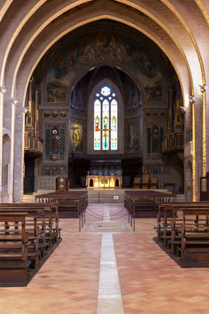 View of the interior of the cathedral of Gubbio, a medieval city in Umbria, in central Italyの写真素材