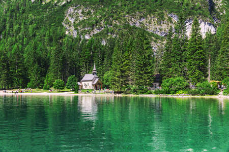 Beautiful view of Lake Braies in the province of Bolzano, South Tyrolの写真素材