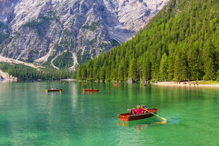 Beautiful view of Lake Braies in the province of Bolzano, South Tyrolのeditorial素材