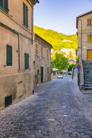 View of the little town of Serra san Quirico, in the province of Ancona, in the Marche regionのeditorial素材
