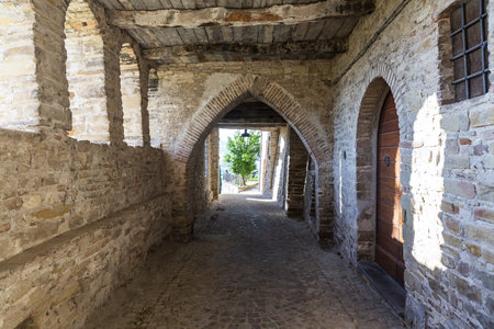 View of the little town of Serra san Quirico, in the province of Ancona, in the Marche regionのeditorial素材