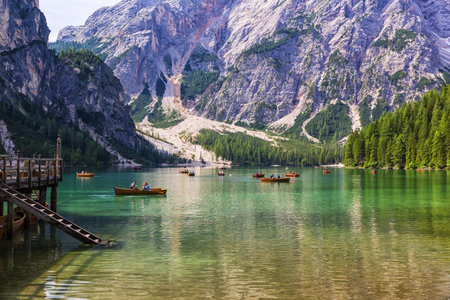 Beautiful view of Lake Braies in the province of Bolzano, South Tyrolのeditorial素材