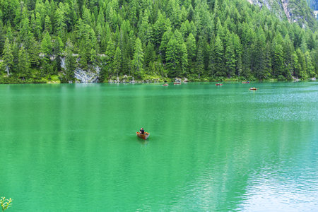 Lago di Braies, beautiful lake in the Dolomites, South Tyrol, Italyのeditorial素材