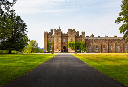 A view of the magnificent Scone Palace, historic building and attraction in the village of Scone and the city of Perth, Scotlandのeditorial素材