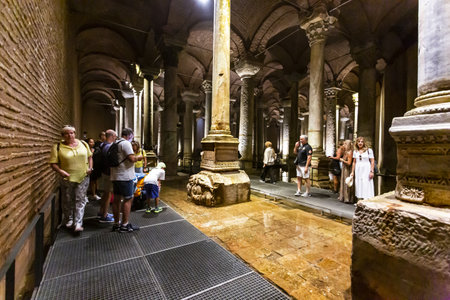 Istanbul, Turkiye 2023, August 03: Interior view of the famous underground Basilica Cistern in Istanbulのeditorial素材